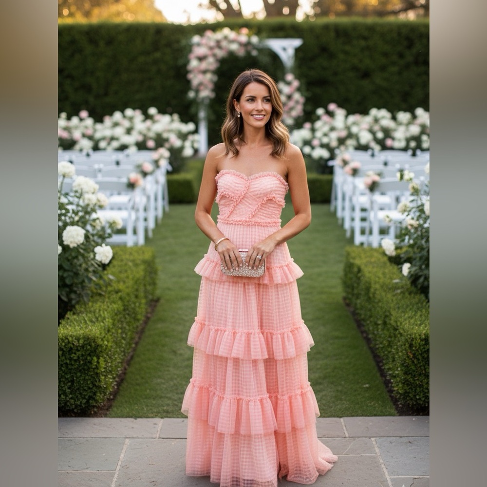 Needle & Thread 
Caroline strapless ruffled gingham tulle gown